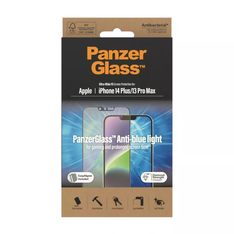 PanzerGlass ® Apsauginis ekrano stiklas nuo mėlynos šviesos iPhone 14 Plus | 13 Pro Max | Itin platus pritaikymas su EasyAligner