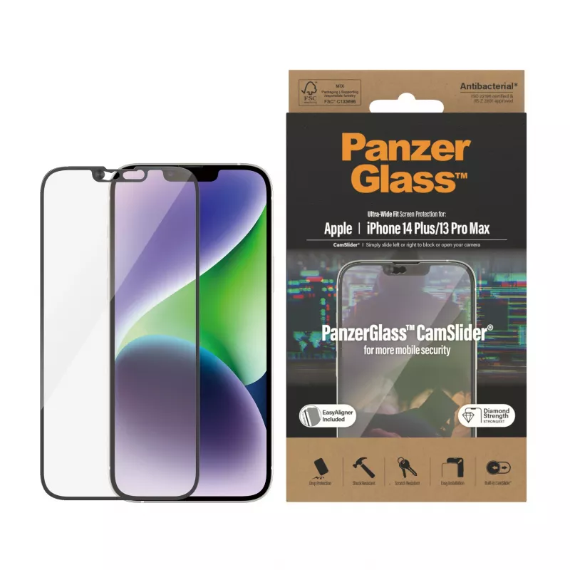 Skaidrus ekrano apsauginis stiklas PanzerGlass CamSlider, skirtas Apple iPhone 14 Plus / 13 Pro Max, 6,68 colio grūdintas stiklas, PET, antibakterinis