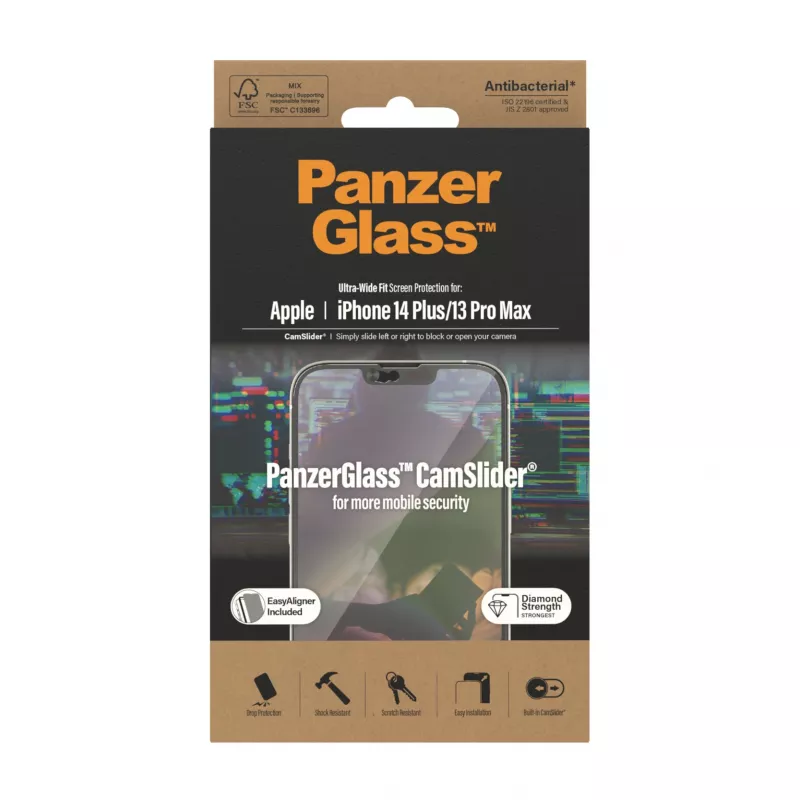Skaidrus ekrano apsauginis stiklas PanzerGlass CamSlider, skirtas Apple iPhone 14 Plus / 13 Pro Max, 6,68 colio grūdintas stiklas, PET, antibakterinis