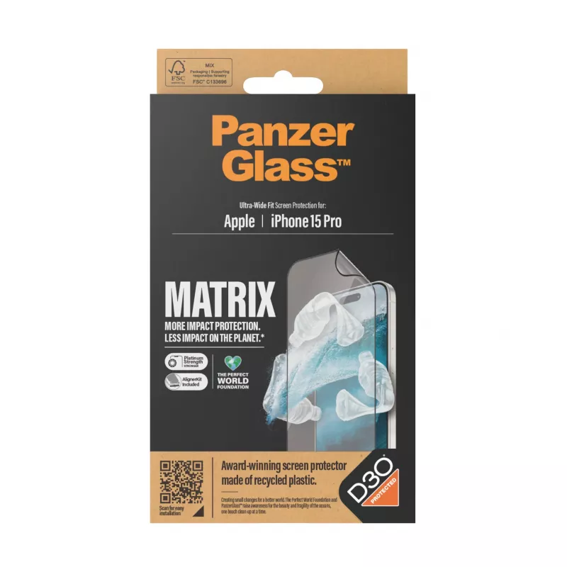PanzerGlass® ECO MATRIX ekrano apsauga su D3O® iPhone 15 Pro | Itin plati pritaikymo sistema su išlyginimo rinkiniu