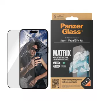 PanzerGlass ® ECO MATRIX ekrano apsauga su D3O® iPhone 15 Pro Max | Ultra-Wide Fit su išlyginimo rinkiniu