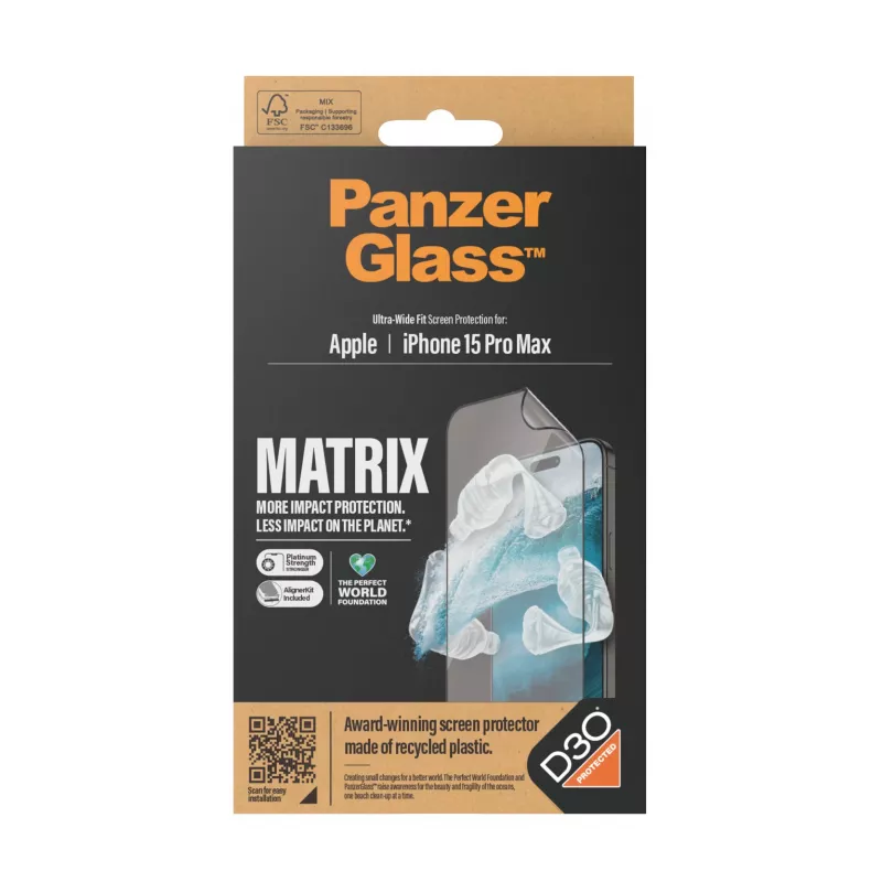 PanzerGlass ® ECO MATRIX ekrano apsauga su D3O® iPhone 15 Pro Max | Ultra-Wide Fit su išlyginimo rinkiniu