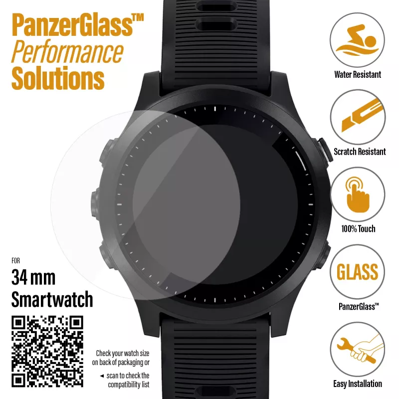 Apsauginė plėvelė PanzerGlass SmartWatch 34mm — grūdintas stiklas 34×34×0,51 mm, skaidrus