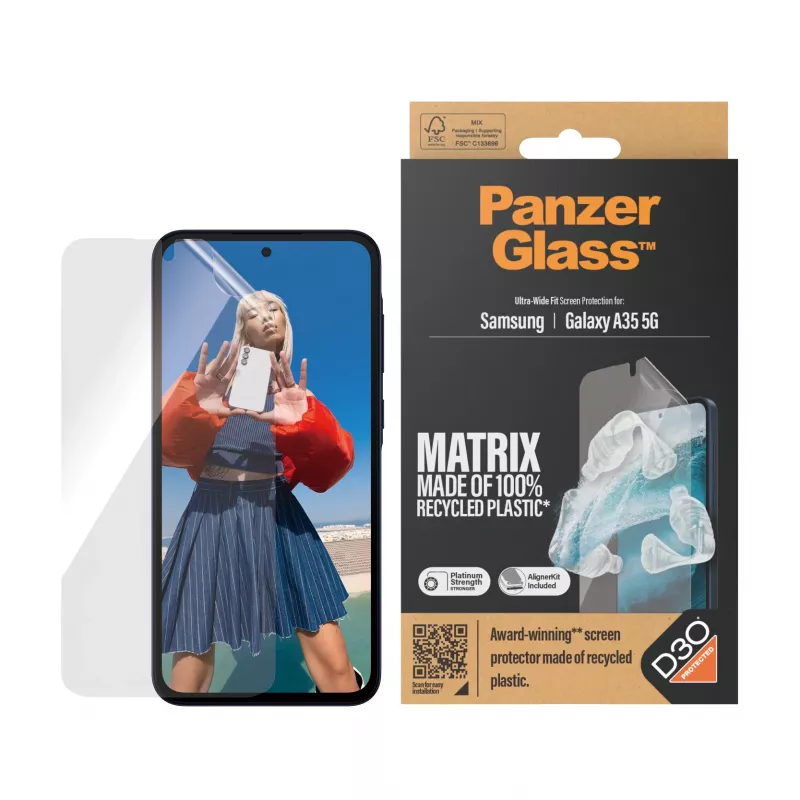 PanzerGlass MATRIX su D3O ekrano apsauga, skirta Samsung Galaxy A35 5G — itin platus PET, sausas tvirtinimas, 1 vnt., permatoma