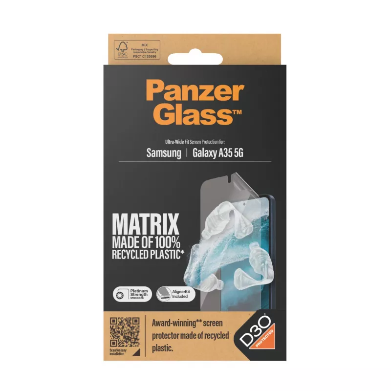 PanzerGlass MATRIX su D3O ekrano apsauga, skirta Samsung Galaxy A35 5G — itin platus PET, sausas tvirtinimas, 1 vnt., permatoma
