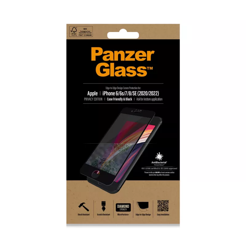 PanzerGlass ® Privatumo ekrano apsauga iPhone SE (2020/2022) | 8 | 7 | 6 | 6s | Nuo krašto iki krašto