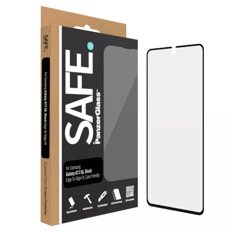 Ekrano apsauginė plėvelė PanzerGlass SAFE, skirta Samsung Galaxy A73 5G — grūdintas stiklas, atspari įbrėžimams ir smūgiams, sausas montavimas, permatoma