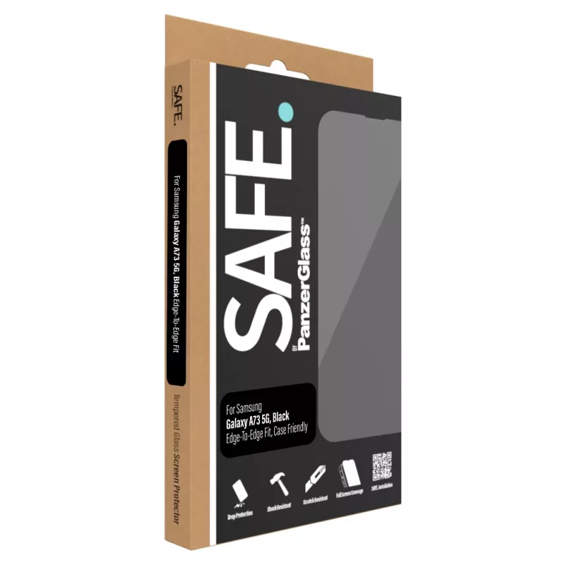 Ekrano apsauginė plėvelė PanzerGlass SAFE, skirta Samsung Galaxy A73 5G — grūdintas stiklas, atspari įbrėžimams ir smūgiams, sausas montavimas, permatoma