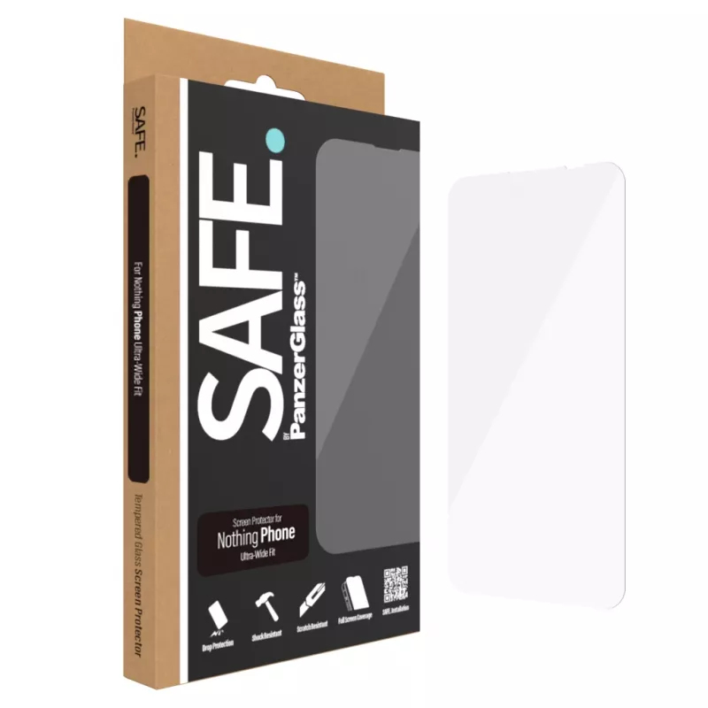 Ekrano apsauga PanzerGlass SAFE. skirta Nothing Phone — itin platus pritaikymas, grūdintas stiklas + PET, atspari įbrėžimams ir smūgiams, sausas uždėjimas