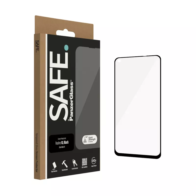 Grūdinto stiklo ekrano apsauga PanzerGlass SAFE, skirta Realme 10 — itin platus pritaikymas, juoda