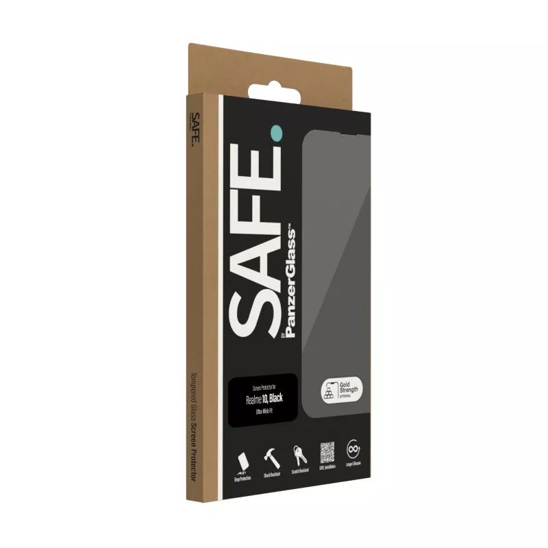 Grūdinto stiklo ekrano apsauga PanzerGlass SAFE, skirta Realme 10 — itin platus pritaikymas, juoda