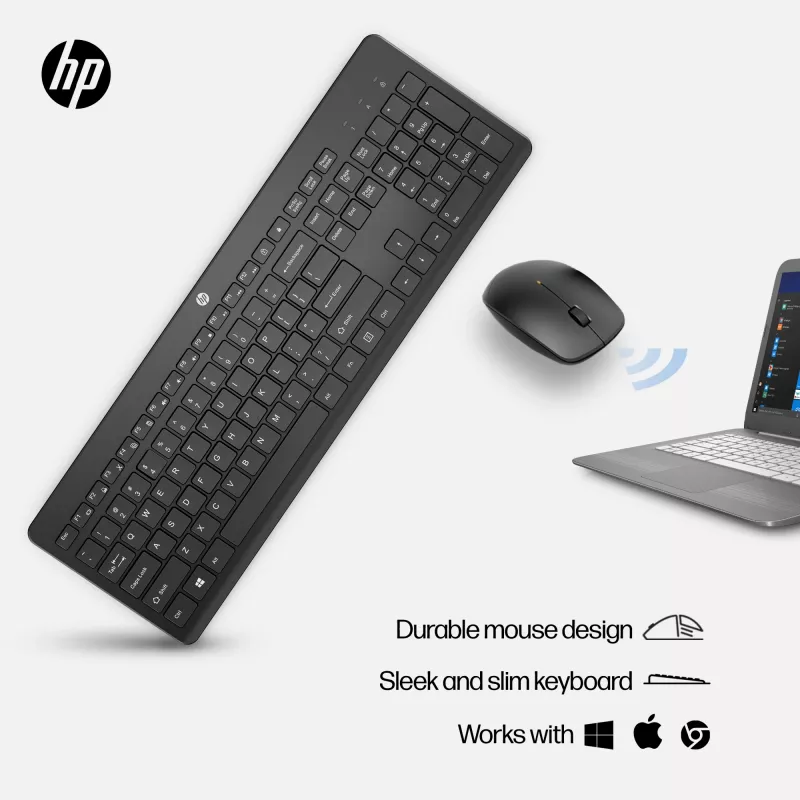 HP 230 belaidės pelės ir klaviatūros rinkinys, pilno dydžio (100%), belaidis, RF belaidis, membraninė, balta, pelė įtraukta