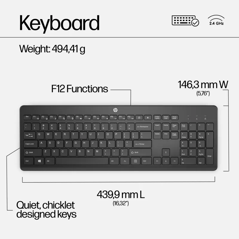 HP 230 belaidės pelės ir klaviatūros rinkinys, pilno dydžio (100%), belaidis, RF belaidis, membraninė, balta, pelė įtraukta