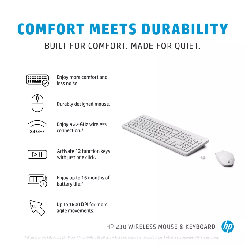 HP 230 belaidės pelės ir klaviatūros rinkinys, pilno dydžio (100%), belaidis, RF belaidis, membraninė, balta, pelė įtraukta