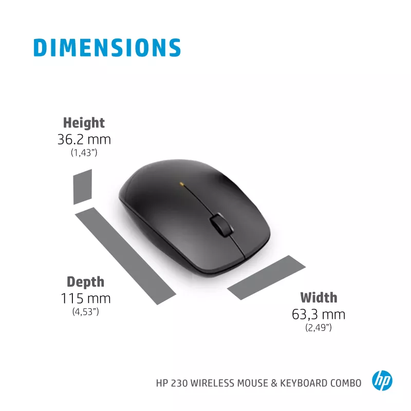 HP 230 belaidės pelės ir klaviatūros rinkinys, pilno dydžio (100%), belaidis, RF belaidis, membraninė, balta, pelė įtraukta