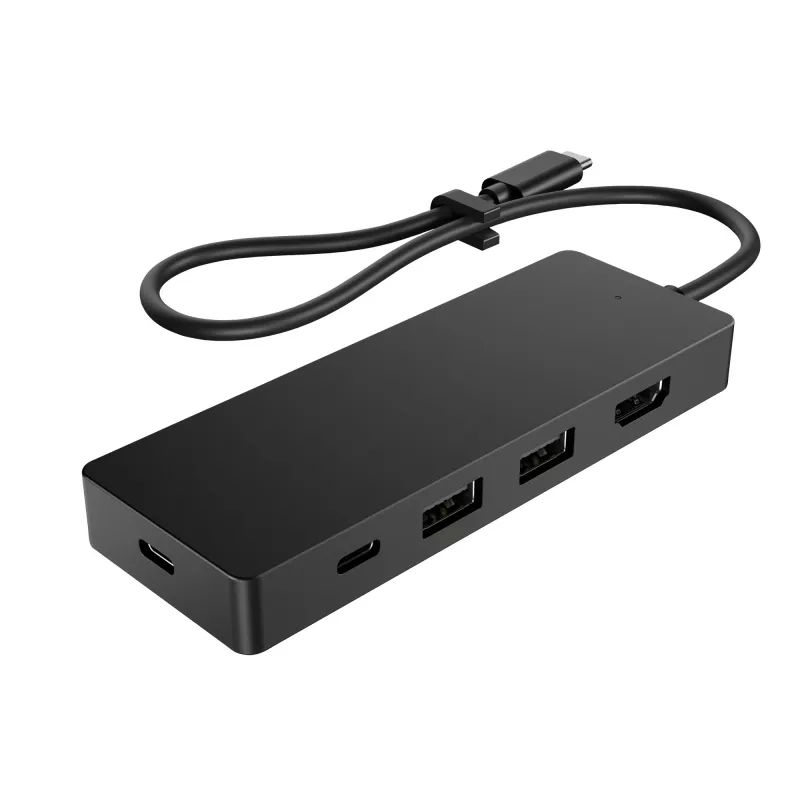USB-C Travel Hub G3 — HP, USB 3.2 Gen 2 Type-C host, HDMI, USB-A, PD iki 65 W, 116×41.9×14.5 mm