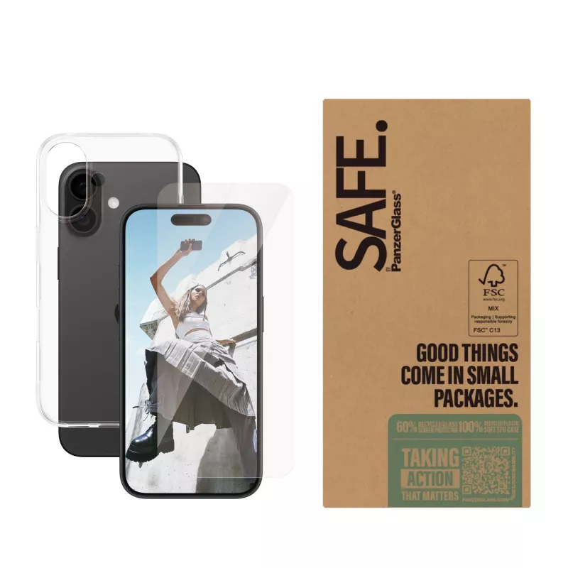 Skaidrių apsauginių plėvelių rinkinys PanzerGlass SAFE. by ®, skirtas iPhone 16 — grūdintas stiklas + PET + silikonas, permatomas, 50 vnt.