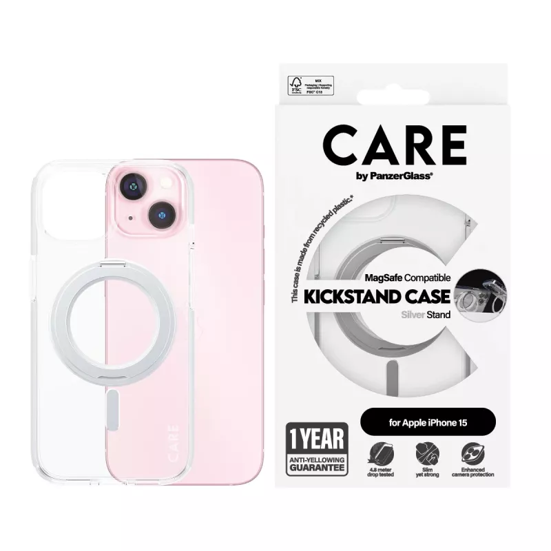 PanzerGlass CARE™ by ® dėklas permatomas su sidabriniu stovu ir MagSafe, skirtas iPhone 15
