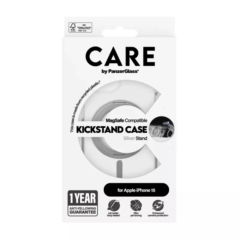 PanzerGlass CARE™ by ® dėklas permatomas su sidabriniu stovu ir MagSafe, skirtas iPhone 15