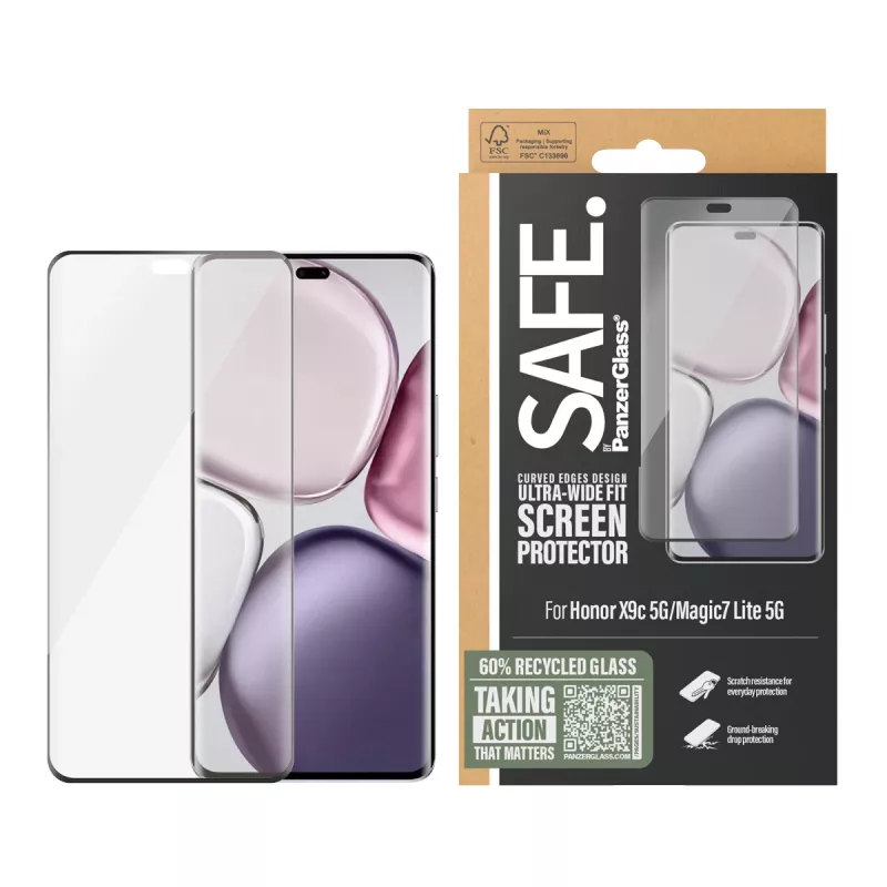 PanzerGlass SAFE. by ® ekrano apsauga su juodu rėmeliu Honor X9c 5G | Magic7 Lite 5G | itin platus pritaikymas