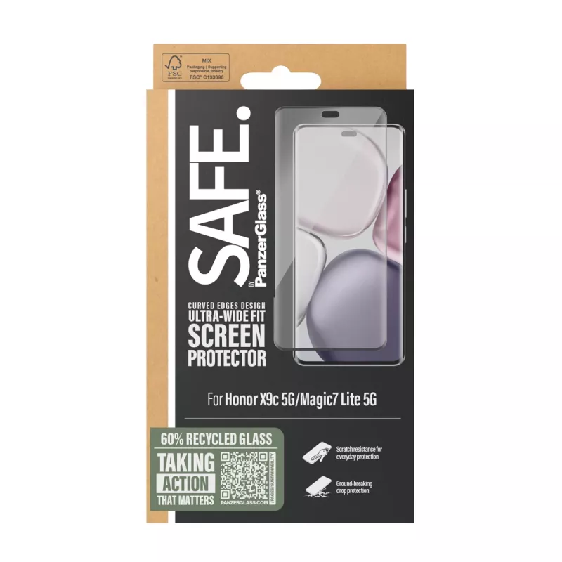 PanzerGlass SAFE. by ® ekrano apsauga su juodu rėmeliu Honor X9c 5G | Magic7 Lite 5G | itin platus pritaikymas