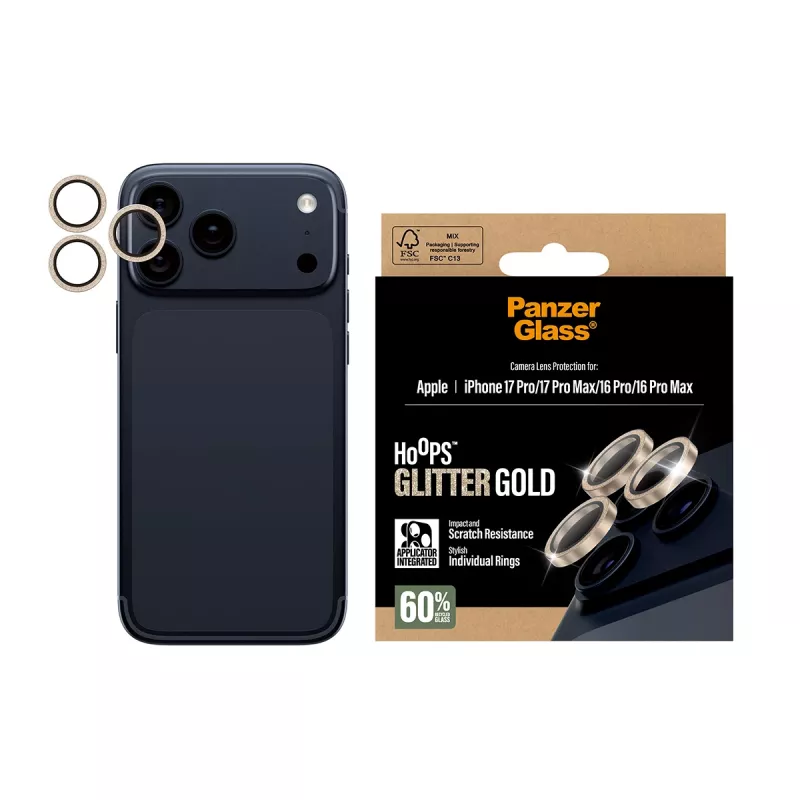 PanzerGlass ® Hoops® Fotoaparato objektyvo apsauga Glitter Gold iPhone 17 Pro | iPhone 17 Pro Max | iPhone 16 Pro | 16 Pro Max