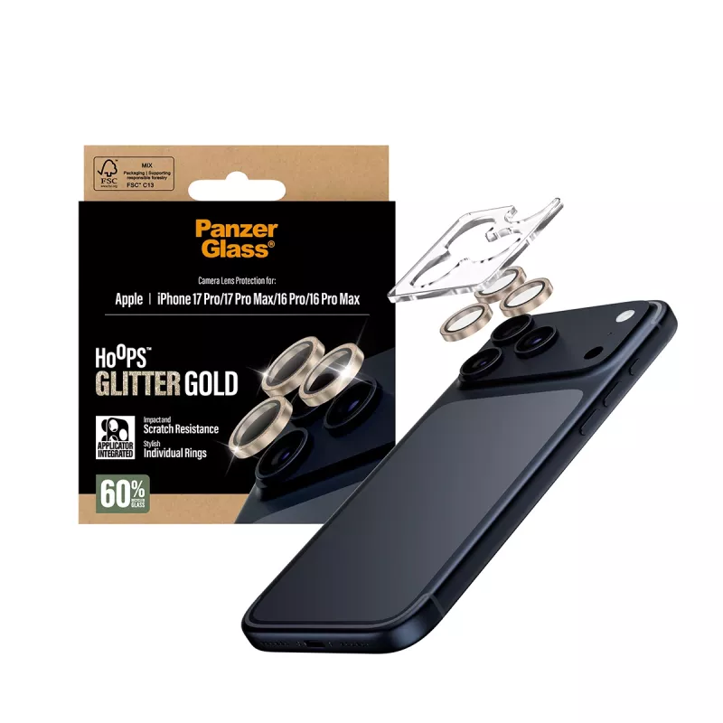 PanzerGlass ® Hoops® Fotoaparato objektyvo apsauga Glitter Gold iPhone 17 Pro | iPhone 17 Pro Max | iPhone 16 Pro | 16 Pro Max