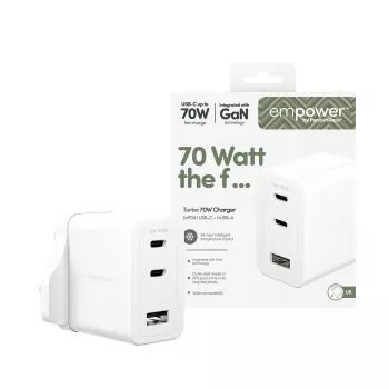 PanzerGlass empower™ by ® Turbo 70W kelių įrenginių įkroviklis su 2 x USB-C + USB-A | UK kištukas | Sidabrinė balta