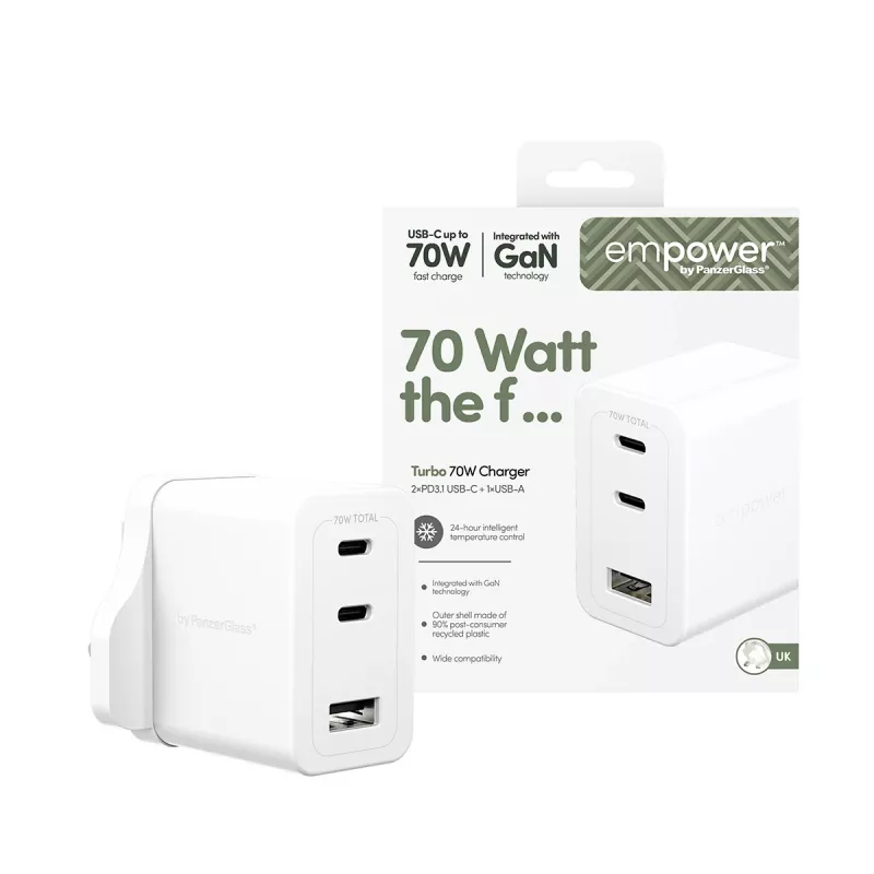 PanzerGlass empower™ by ® Turbo 70W kelių įrenginių įkroviklis su 2 x USB-C + USB-A | UK kištukas | Sidabrinė balta