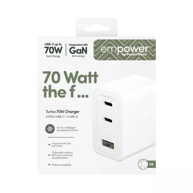 PanzerGlass empower™ by ® Turbo 70W kelių įrenginių įkroviklis su 2 x USB-C + USB-A | UK kištukas | Sidabrinė balta