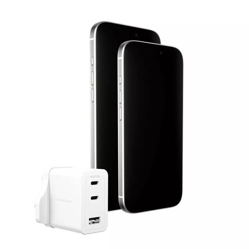 PanzerGlass empower™ by ® Turbo 70W kelių įrenginių įkroviklis su 2 x USB-C + USB-A | UK kištukas | Sidabrinė balta