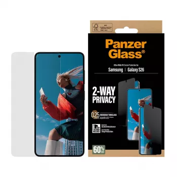 “PanzerGlass” dvipusio privatumo ekrano apsauga “Samsung Galaxy S26” — itin platus pritaikymas, PET + silikonas, atspari įbrėžimams ir smūgiams