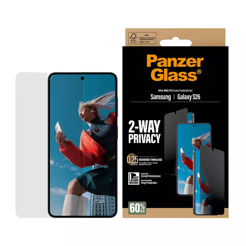 “PanzerGlass” dvipusio privatumo ekrano apsauga “Samsung Galaxy S26” — itin platus pritaikymas, PET + silikonas, atspari įbrėžimams ir smūgiams