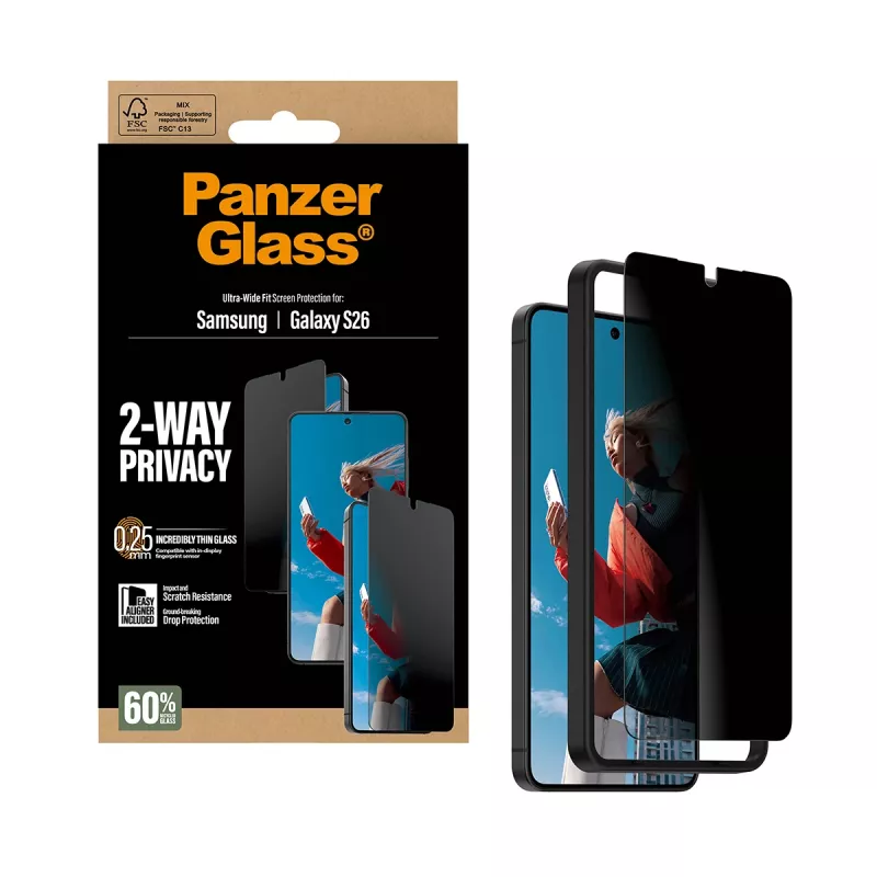 “PanzerGlass” dvipusio privatumo ekrano apsauga “Samsung Galaxy S26” — itin platus pritaikymas, PET + silikonas, atspari įbrėžimams ir smūgiams
