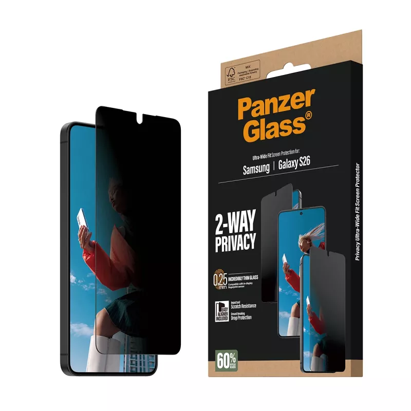 “PanzerGlass” dvipusio privatumo ekrano apsauga “Samsung Galaxy S26” — itin platus pritaikymas, PET + silikonas, atspari įbrėžimams ir smūgiams