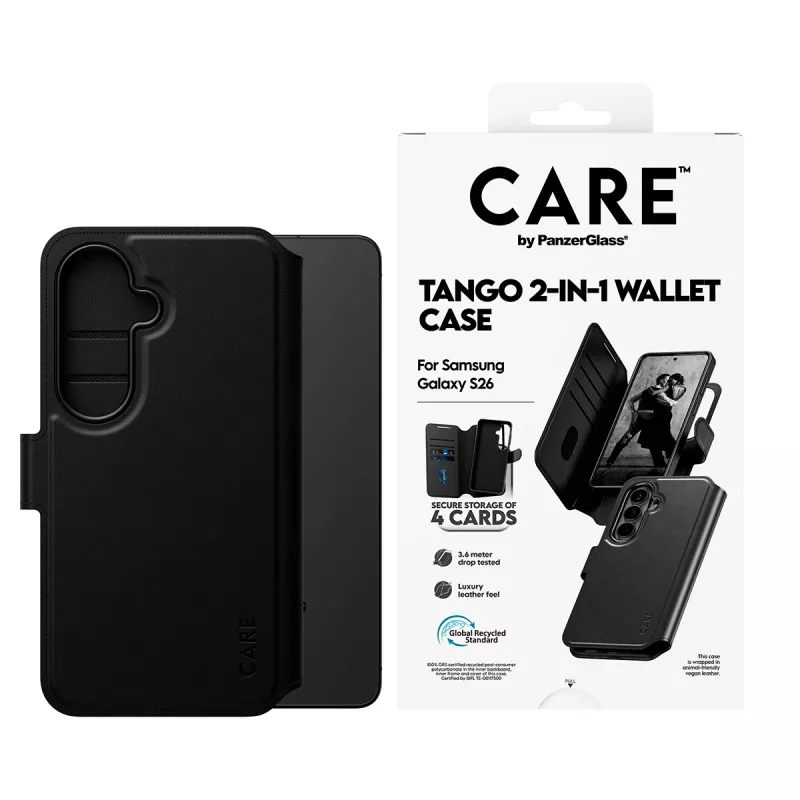 PanzerGlass CARE 2-in-1 Wallet Case su Qi belaidžiu įkrovimu Samsung Galaxy S26, permatomas dėklas