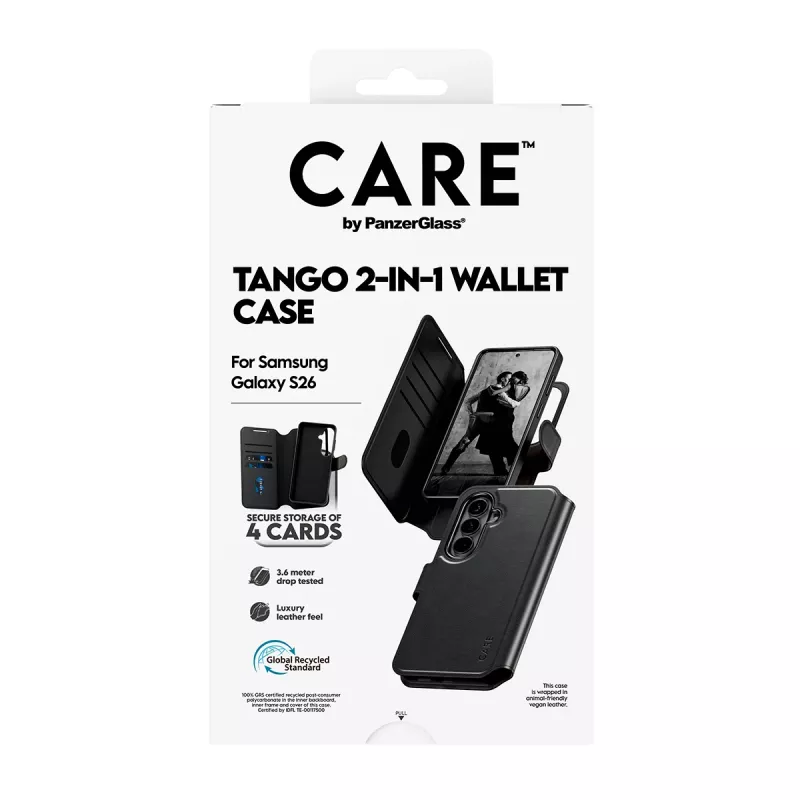 PanzerGlass CARE 2-in-1 Wallet Case su Qi belaidžiu įkrovimu Samsung Galaxy S26, permatomas dėklas