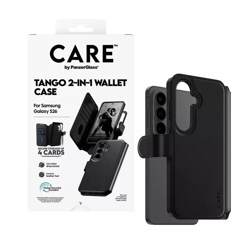 PanzerGlass CARE 2-in-1 Wallet Case su Qi belaidžiu įkrovimu Samsung Galaxy S26, permatomas dėklas