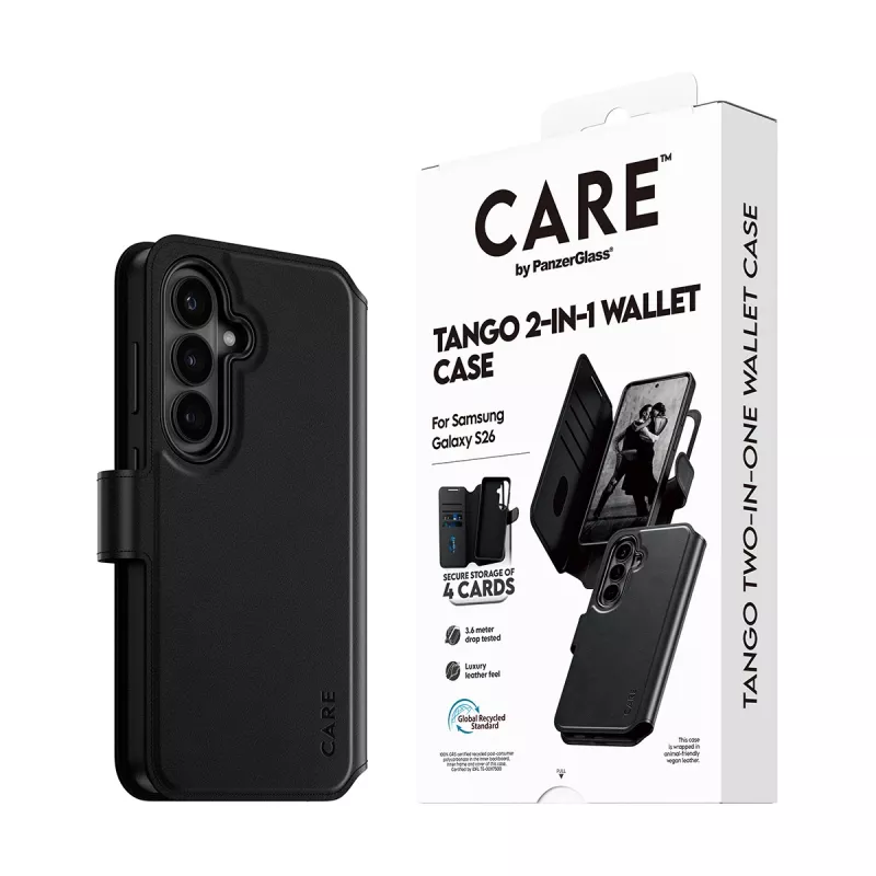 PanzerGlass CARE 2-in-1 Wallet Case su Qi belaidžiu įkrovimu Samsung Galaxy S26, permatomas dėklas