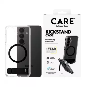 Apsauginis dėklas PanzerGlass CARE™ Urban Explorer Case, skirtas Samsung Galaxy S26, permatomas su juodu atraminiu stovu ir Qi palaikymu