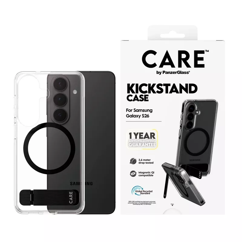 Apsauginis dėklas PanzerGlass CARE™ Urban Explorer Case, skirtas Samsung Galaxy S26, permatomas su juodu atraminiu stovu ir Qi palaikymu