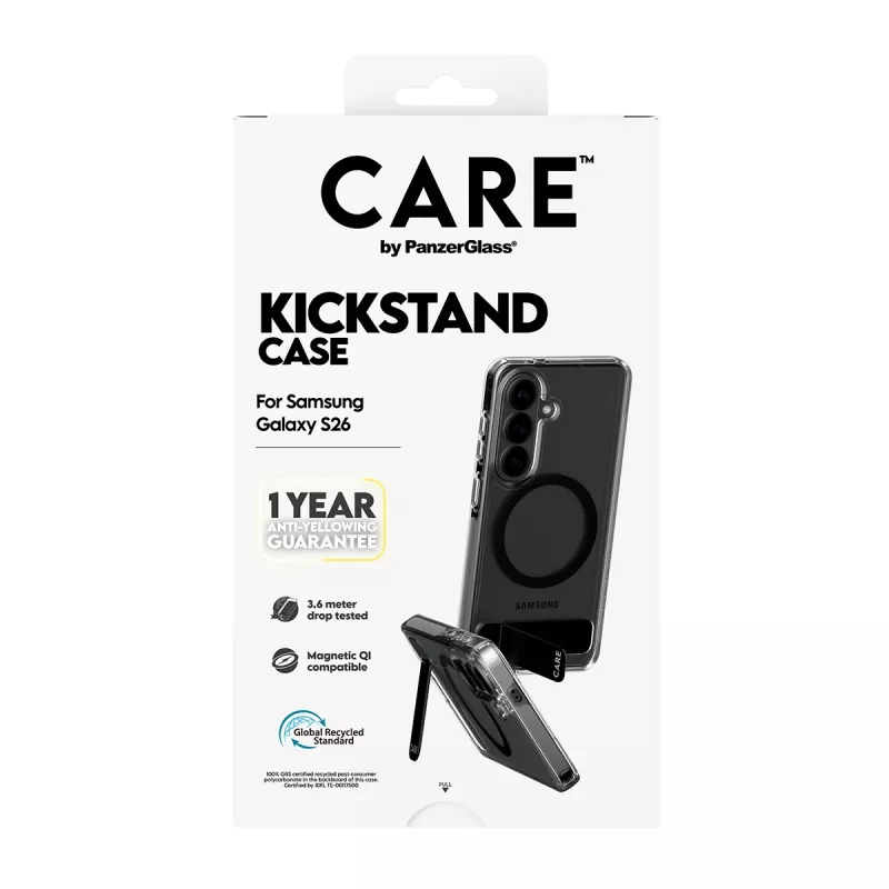 Apsauginis dėklas PanzerGlass CARE™ Urban Explorer Case, skirtas Samsung Galaxy S26, permatomas su juodu atraminiu stovu ir Qi palaikymu