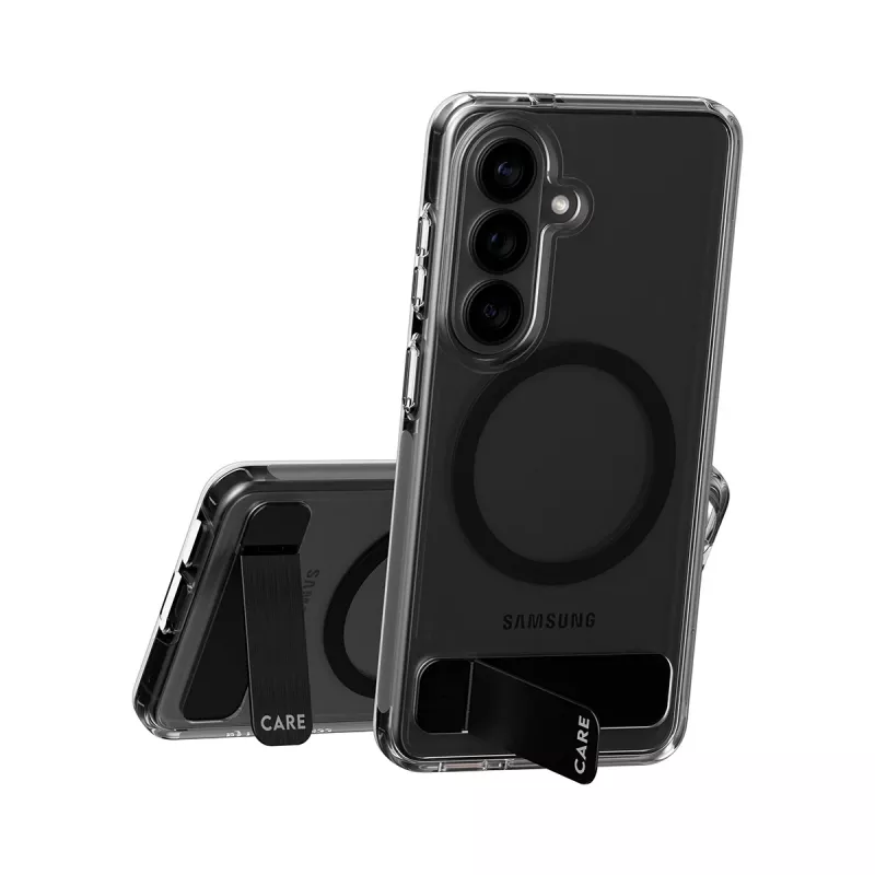 Apsauginis dėklas PanzerGlass CARE™ Urban Explorer Case, skirtas Samsung Galaxy S26, permatomas su juodu atraminiu stovu ir Qi palaikymu