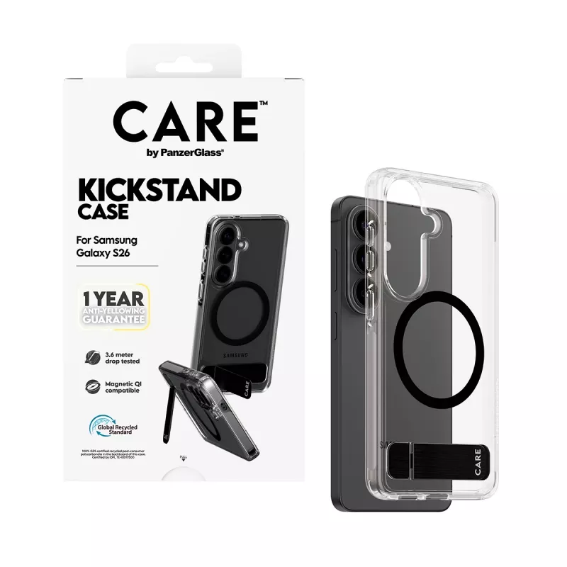 Apsauginis dėklas PanzerGlass CARE™ Urban Explorer Case, skirtas Samsung Galaxy S26, permatomas su juodu atraminiu stovu ir Qi palaikymu