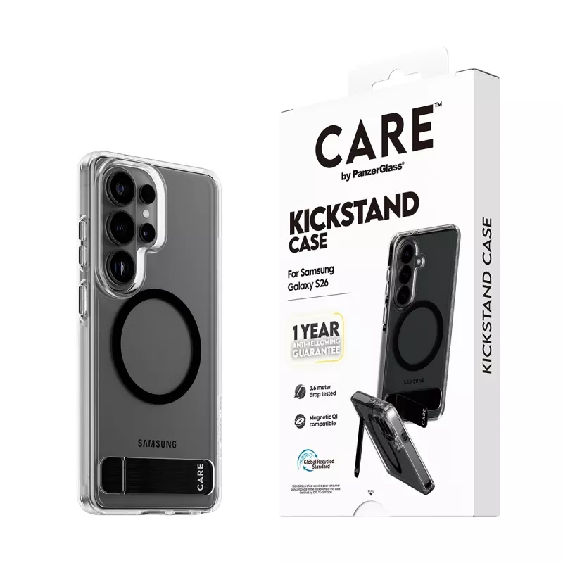 Apsauginis dėklas PanzerGlass CARE™ Urban Explorer Case, skirtas Samsung Galaxy S26, permatomas su juodu atraminiu stovu ir Qi palaikymu