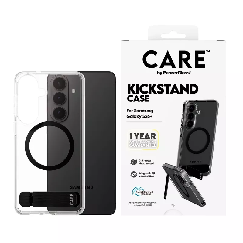 PanzerGlass CARE™ by ® dėklas permatomas su juodu atrama ir Qi Samsung Galaxy S26+