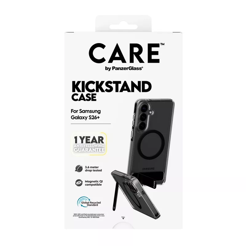 PanzerGlass CARE™ by ® dėklas permatomas su juodu atrama ir Qi Samsung Galaxy S26+