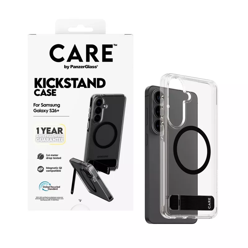 PanzerGlass CARE™ by ® dėklas permatomas su juodu atrama ir Qi Samsung Galaxy S26+