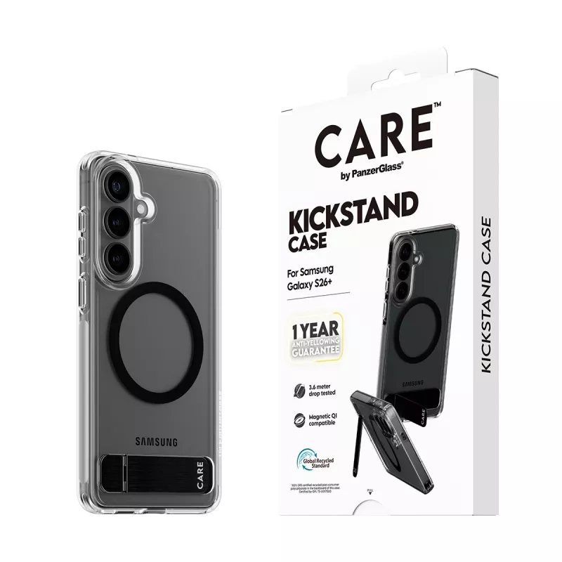 PanzerGlass CARE™ by ® dėklas permatomas su juodu atrama ir Qi Samsung Galaxy S26+