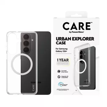 Apsauginis dėklas PanzerGlass CARE Urban Explorer dėklas Samsung Galaxy S26+ — permatomas, balti Qi elementai